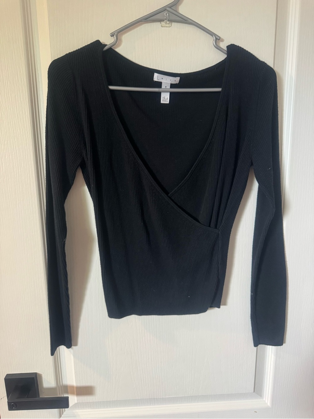 Leith Black Ribbed Wrap Crop Top